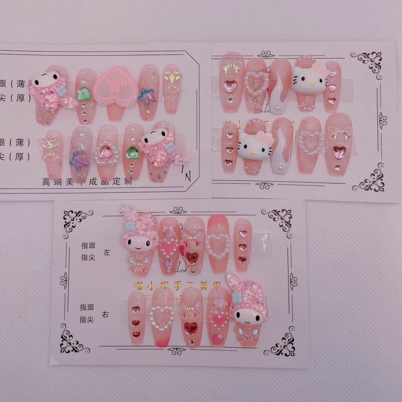 Hello Kitty False Nail Kawaii Sanrio Accessories Anime Y2k Kuromi Filler False Nail Design Removable Manicure Jewelry Girl Gift
