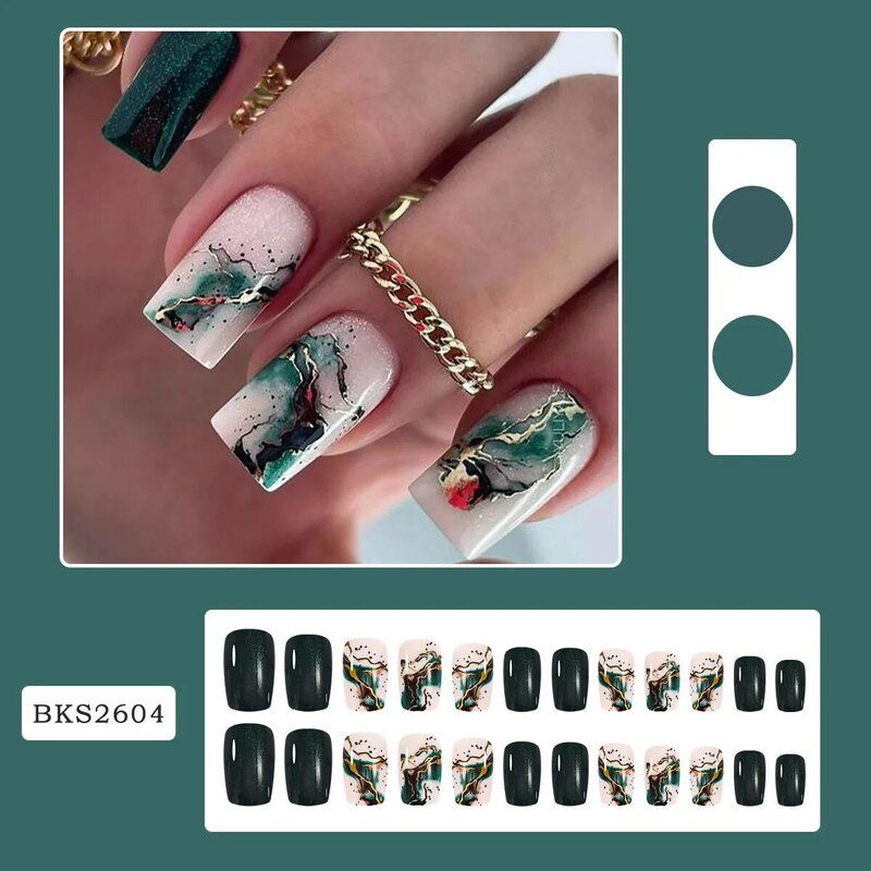24pcs Dark Green Halo Fake nails Gold Foil Decor Press on Nails Mid Length Coffin Ballet False Nails Fashion Women Fake Nails