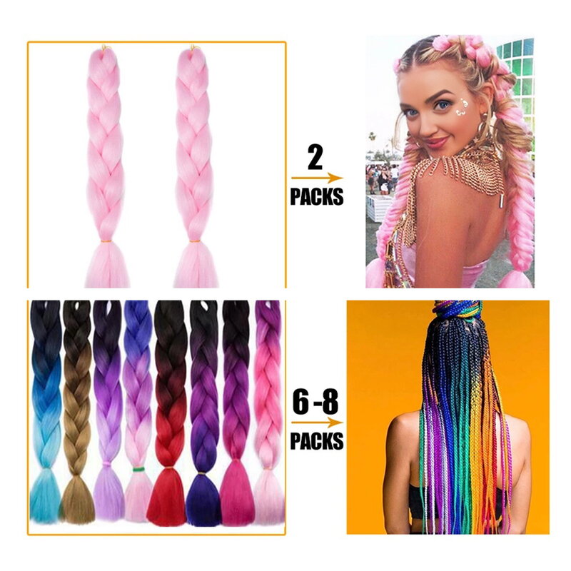 Extensão de cabelo sintético trançado jumbo para mulheres, tranças de bricolage, rosa, roxo, amarelo, cinza, 24 polegadas