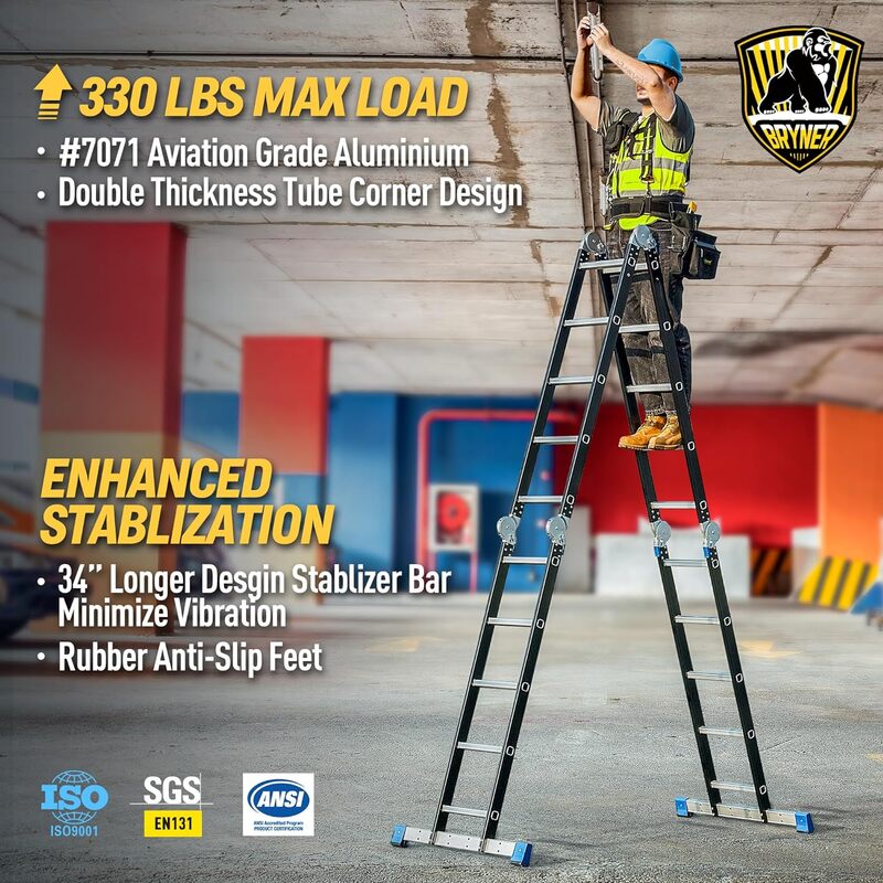 Bryner Folding Step Ladder, 19.6ft, 7 in 1 Multi-Purpose Folding Adjustable Telescoping Aluminium Extension Ladders, 330lbs