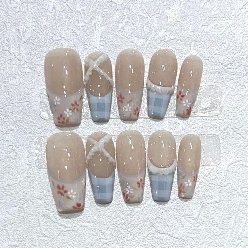 Uñas postizas de Ballet hechas a mano, 10 piezas, diamantes de imitación, cubierta completa, manicura francesa, purpurina