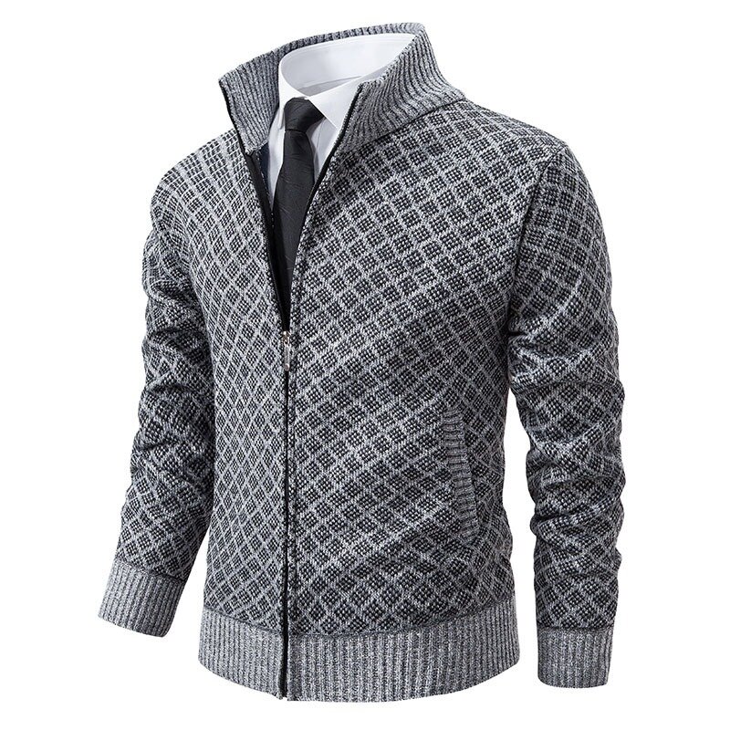 Autumn Men's Fashionable Plaid Jacket Trendy Standing Collar Coat Slim Fit Long Sleeved Overcoat Casual Knitted Sweater Outwear