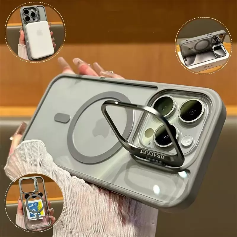MagSafe เคสโทรศัพท์พร้อมขาตั้งป้องกันเลนส์แม่เหล็กสำหรับ iPhone 15 12 13 14 11 PRO MAX กล้องกระจกฝาครอบโลหะใส