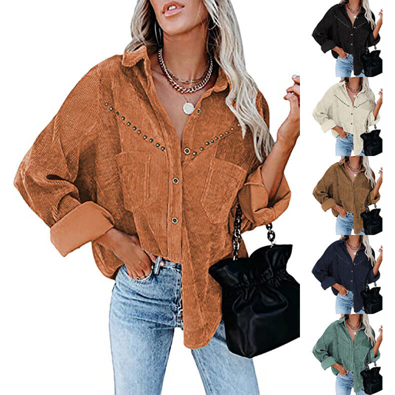 Spring and Autumn New Solid Color Lapel Jacket Women's Long Sleeve Button Down Shirt Jacket Top Female & Lady Fashion