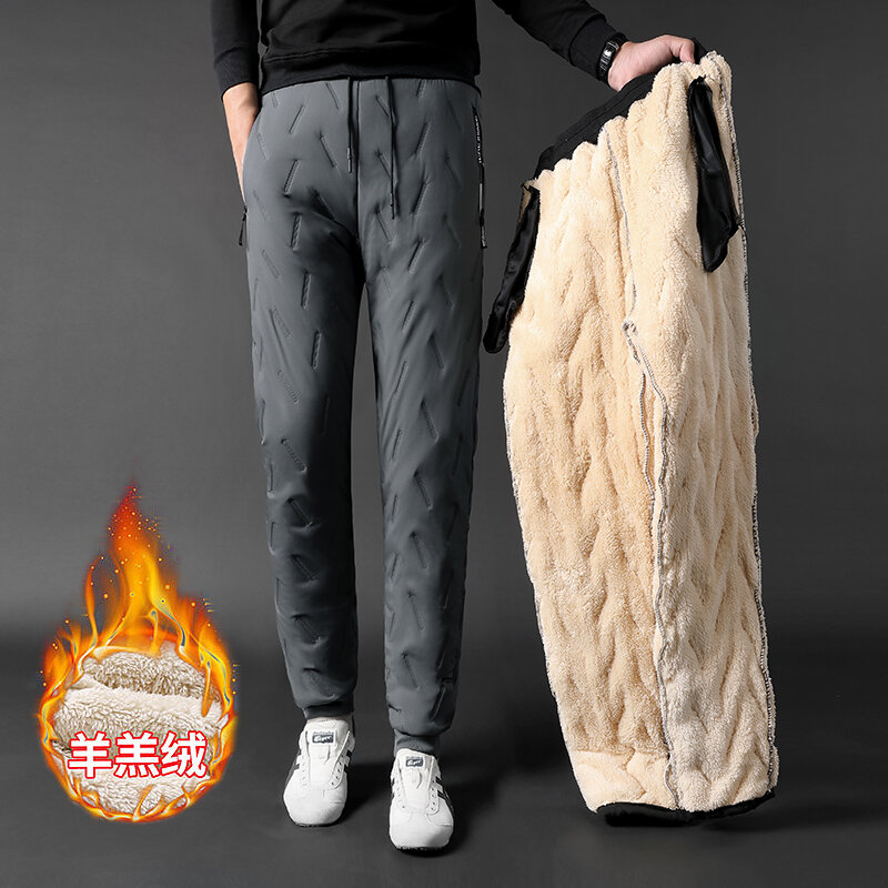 Calças masculinas com forro de lã espessado, calças de algodão quente, ajuste solto, outerwear anti-vento, acolchoado de algodão, inverno