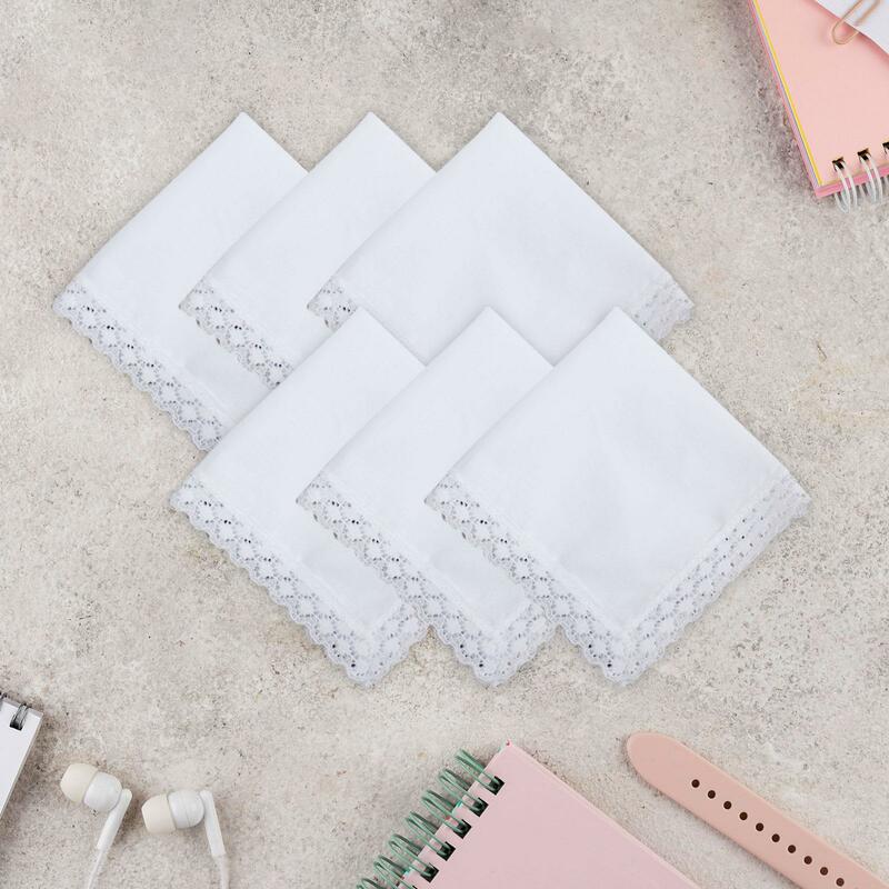 6x White Lace Handkerchiefs Wedding Hankies Soft Small 9.65 inch White Hankies Pocket Squares for DIY Dyeing Crafts Wedding