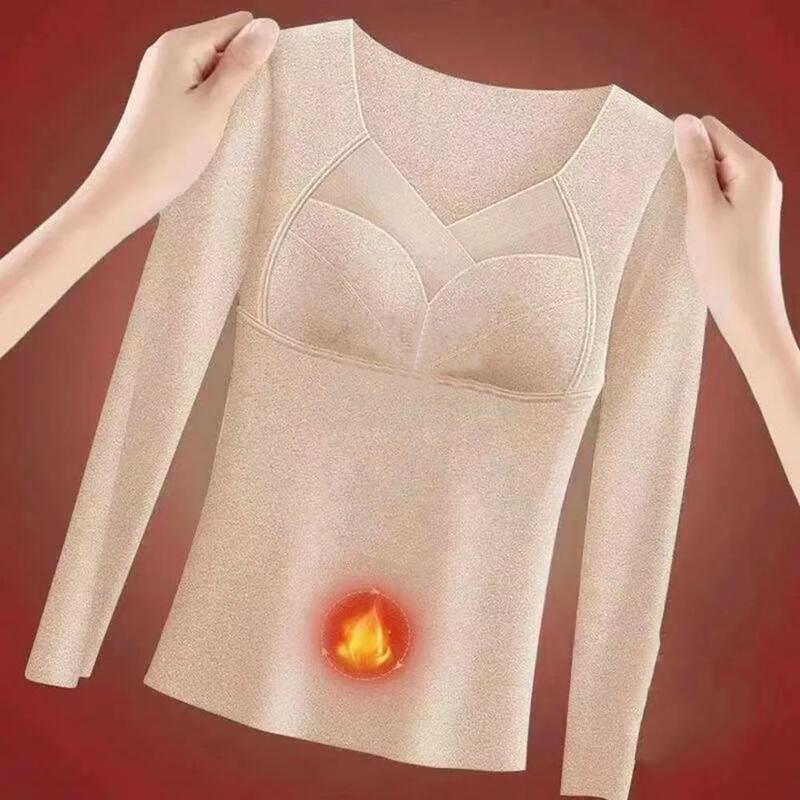 Pakaian dalam wanita elastis, atasan nyaman leher V berbantalan musim dingin untuk wanita Pullover hangat tebal dengan penguncian panas