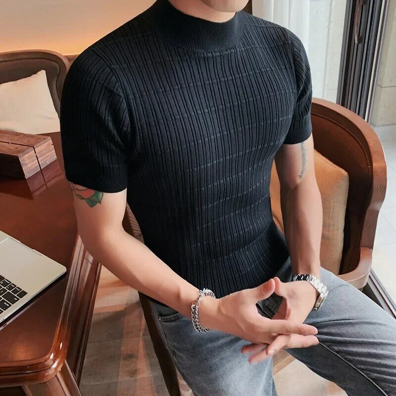 Brand Clothing Spring Half High Neck Solid Color Round Neck Striped T-shirt Fashion Men Slim Fit Casual Knitted Pullover Tee Top