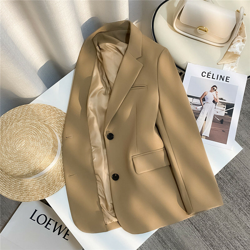 Blazer feminino de peito único, casaco de terno versão coreana, jaqueta cor caqui, casacos de primavera e outono, nova moda, 2022
