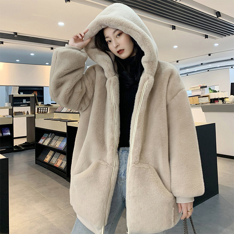 Elegante cappotto di pelliccia di visone da donna giacca con cappuccio con cerniera cappotto di pelliccia sintetica da donna Harajuku giacche e cappotti larghi Oversize coreani