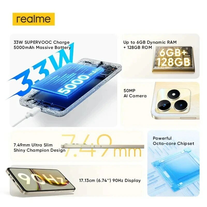 Realme C53 versión Global, 6GB + 128 GB, 8GB + 256GB, Octa Core, 33W, carga SUPERVOOC, 5000mAh, cámara ia de 50MP, pantalla HD de 6,74 pulgadas, 90Hz, NFC