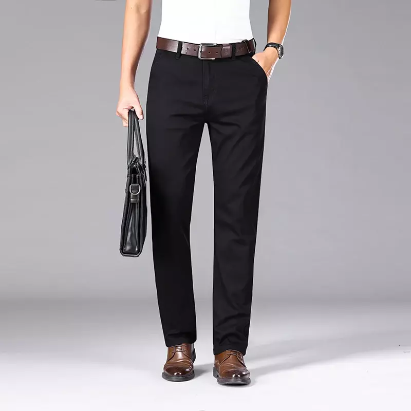 กางเกงแฟชั่นผ้ายืดแบบลำลองสำหรับยีนส์ผ้าบางหรูหรากางเกงยีนส์สีดำแบบปกติของผู้ชายธุรกิจ