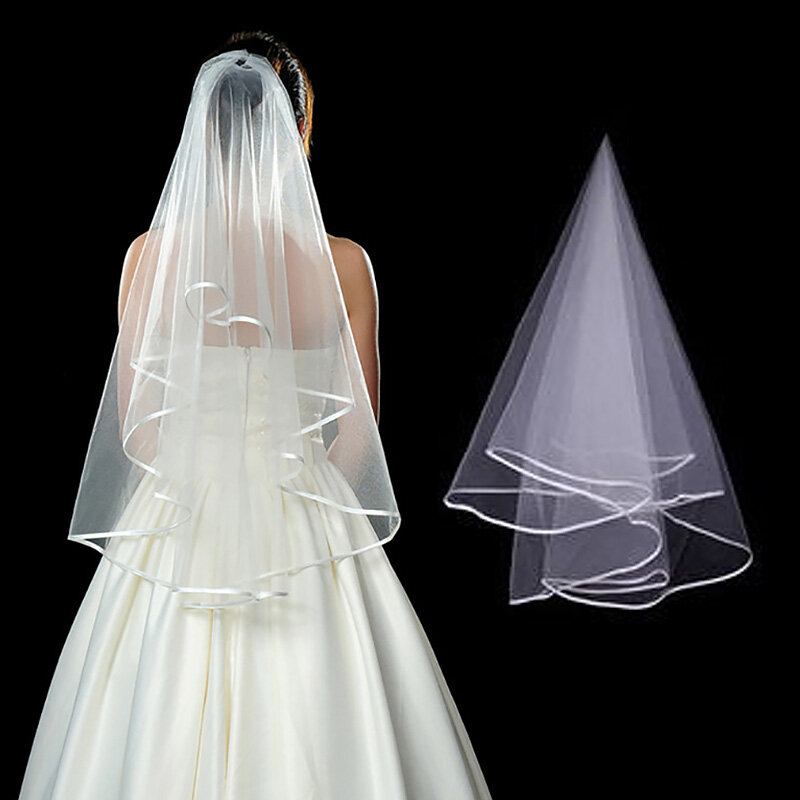 طرحة زفاف بيضاء بطبقتين للنساء ، تول قصير بسيط ، حجاب زفاف ، إكسسوارات زواج