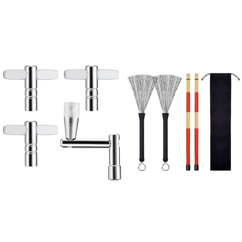 1 Set Drum Key With Continuous Motion Speed Key & 1 Set Drum Brushes + Rods Drum Brushes Sticks Drum Stick Set