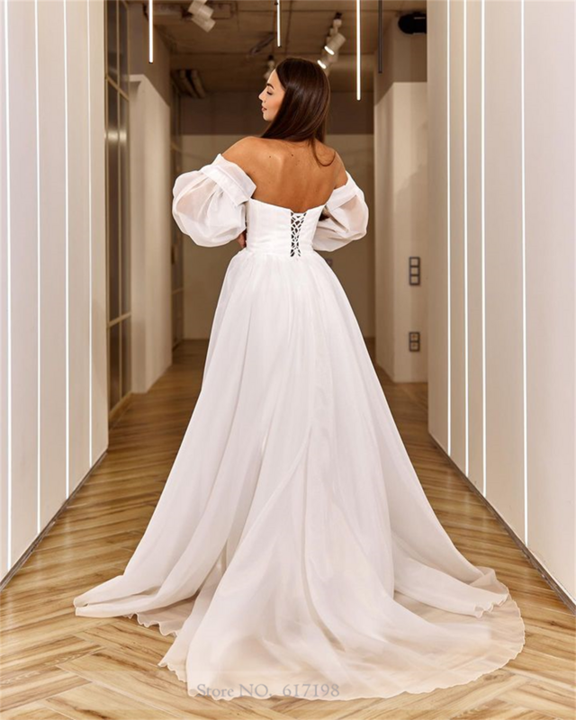 Vestido de novia clásico de gasa con cuello Barco, corte en A, manga extraíble