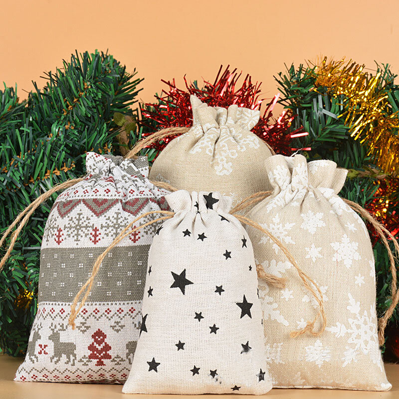 50 buah grosir Selamat Natal kain Linen tas tali serut 10*14cm, 13*18cm penyimpanan kecil saku anak-anak kantong pesta