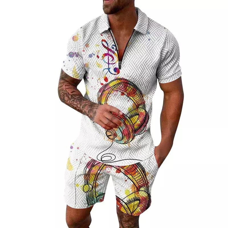 Summer Men's V-neck Hawaiian T-shirt Fashion Printing Lapel POLO Shirt Short Sleeve+shorts Suit Beach Party Leisure Suit