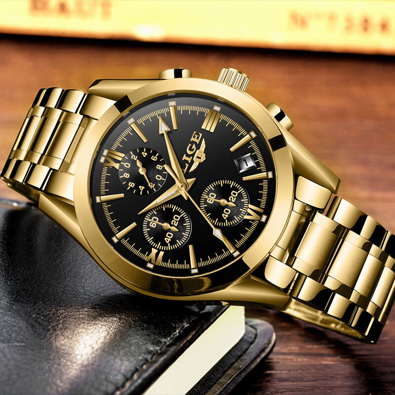 LIGE-Relógio masculino de luxo grande esportivo, aço militar, quartzo, relógios de pulso, cronógrafo, Gold Design, relógio masculino, data relógio
