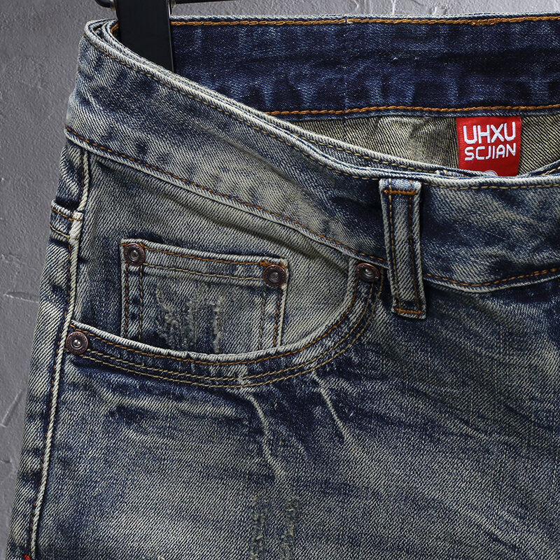 Modne designerskie krótkie jeansy męskie wysokiej jakości niebieskie w stylu Retro rozciągliwe dopasowanie pasujące porwane jeansy letnie spodenki jeansowe w stylu Vintage Hombre