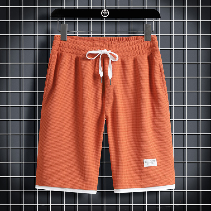 Minimalist Summer Solid Men's Waffler Elastic Waist Drawstring Pockets Fashion Thin Style Loose Knee Length Casual Shorts