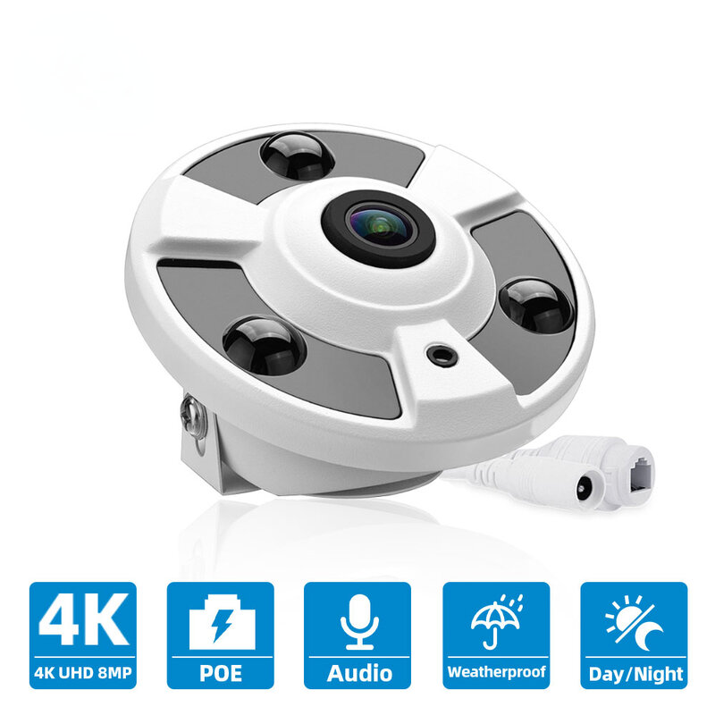 Cámara IP POE CCTV con cable de red 4K, lente ojo de pez panorámica de 180 grados y 1,7mm, cámara de vigilancia de seguridad para el hogar de 8MP, grabación de Audio