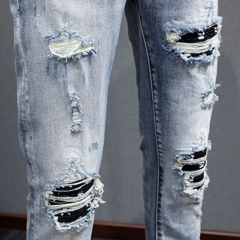 Jeans rasgado azul lavado retrô, calça de grife, marca Hip Hop, moda de rua alta, designer