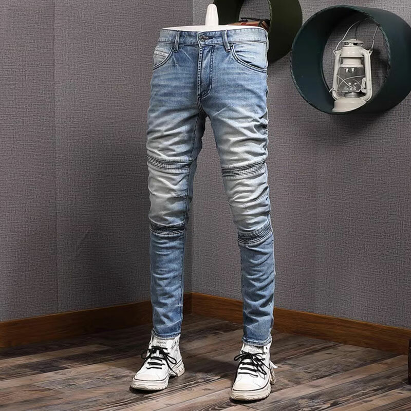 Джинсы мужские Стрейчевые облегающие, модная уличная одежда, синие байкерские джинсы в стиле ретро, с соединением, дизайнерские брюки из денима в стиле хип-хоп