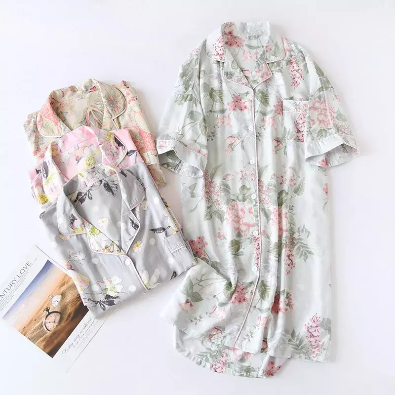 Camisola de manga curta feminina, camisola casual com sono solto, pijamas 100% viscose, verão e outono