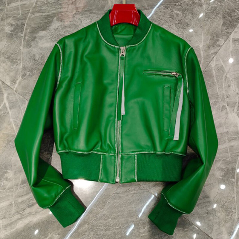Lady Leather Jackets 2023 New Genuine Sheepskin Baseball Uniform Solid Short Coat Zipper Fashion Autumn Outwear 5090