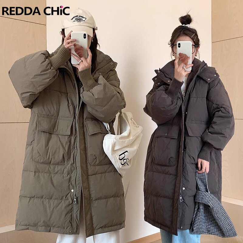 ReddaChic Big Pockets Hooded Down Jacket for Women Long Solid Puffer Coat Korean Dongdaemun Female Parkas Warm Winter Outerwear