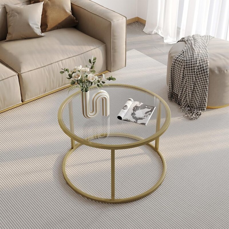 SAYGOER Small Glass Coffee Table Round Gold Coffee Table for Small Space Modern Simple Center Table with Gold Frame for  Room