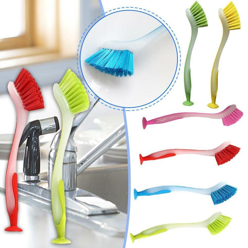 1pc Pot Cleaning Brush Vertical Multifunction Kitchen Suction Cup Type Sink Cleaning Scrub Brush Long Handle