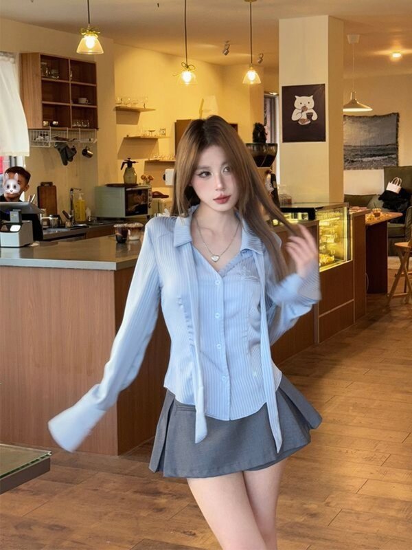 Camisa de satén a rayas para mujer, conjunto de dos piezas con falda, corbata de solapa, botonadura única, traje ajustado coreano, dulce primavera