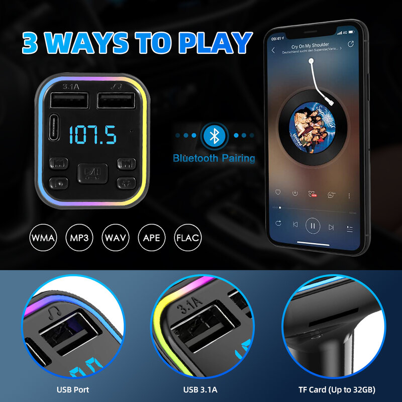 Auto Bluetooth 5,0 FM Transmitter PD Typ-C Dual USB 3,1 EINE Schnelle Ladegerät Bunte Umgebungs Licht Freisprecheinrichtung MP3 modulator Player