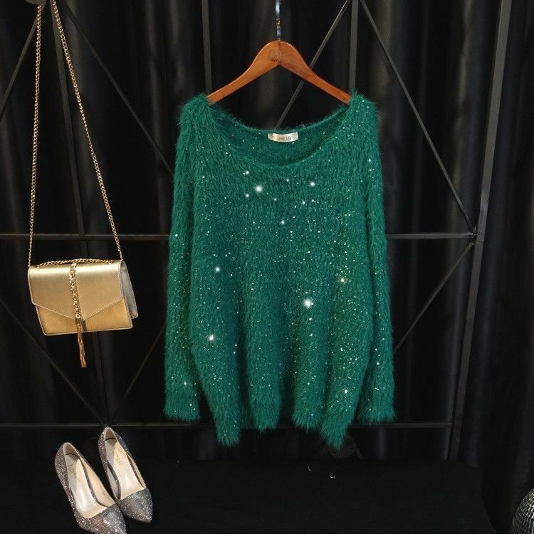2023 New Spring Fashion Blingbling Sequins Imitation Mink Sweater for Women All-match Loose O-neck Pullover Knitted Top Casual