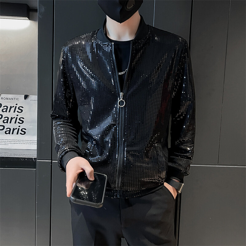 Y2K Мужская Уличная одежда, Клубная сценическая тонкая мотоциклетная куртка, Мужская куртка-бомбер с блестками в стиле хип-хоп, модная одежда