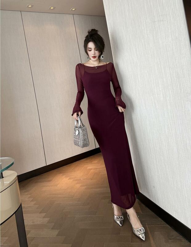 French Hepburn Style Haute Couture Elder Sister One Neckline Dress 2024 Spring/summer New Slim Fit and Slimming Long Skirt