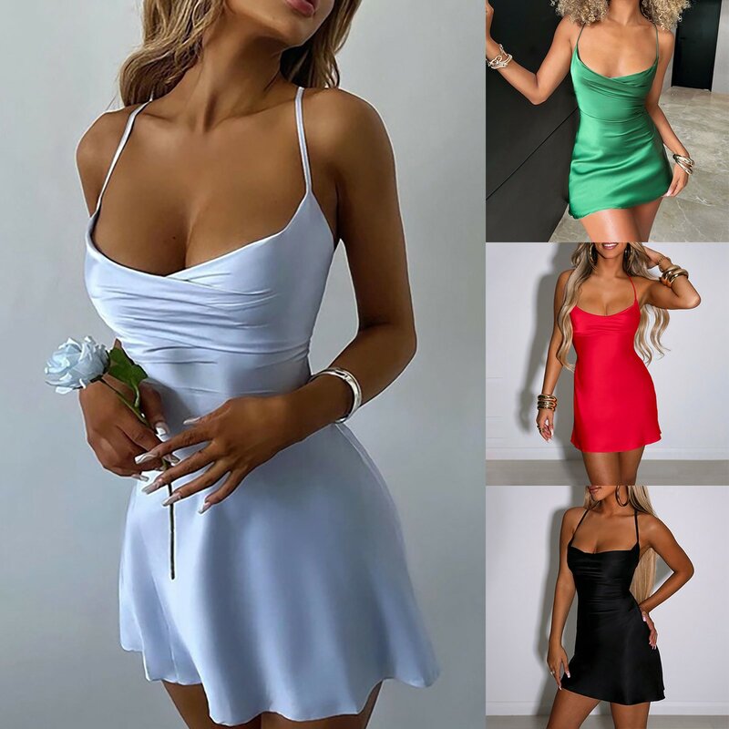 Gaun Mini pita bertali warna murni gaun pesta klub elegan Y2K gaun elegan seksi tanpa tali tanpa punggung berongga untuk wanita