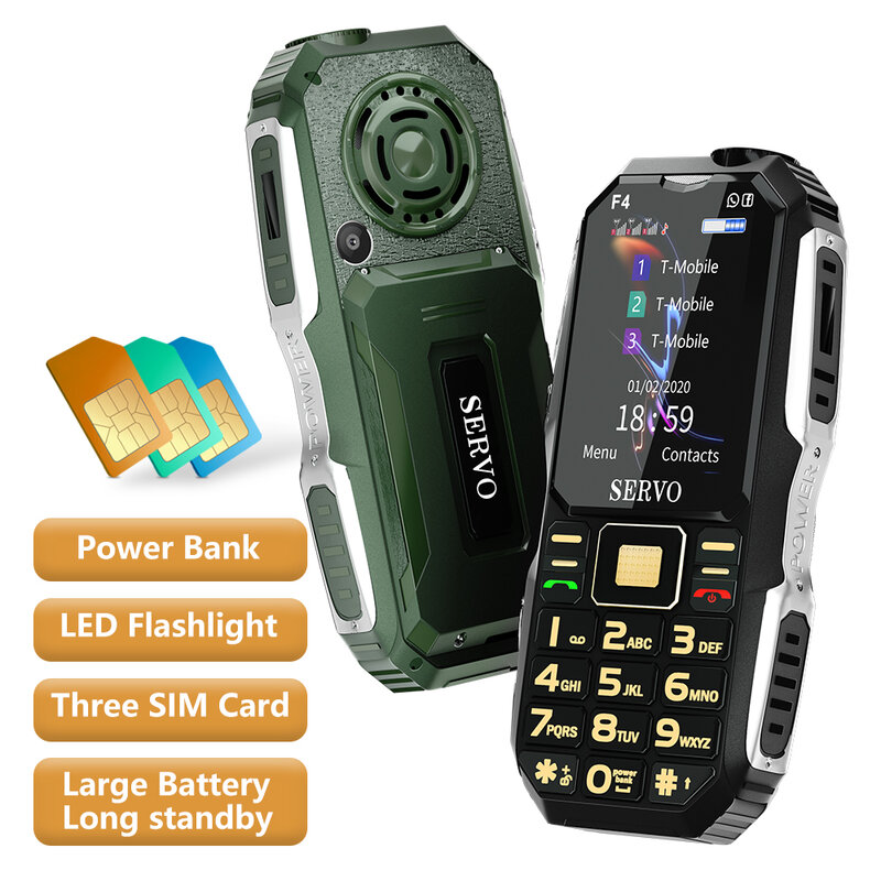 SERVO F4 ponsel 3 kartu SIM, HP kasar, suara ajaib, senter panggilan, Radio, tombol besar 2.4"
