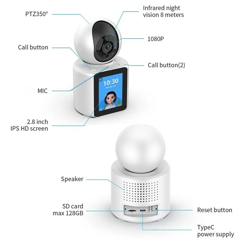 Cámara intercomunicadora de vídeo, videocámara inteligente giratoria HD de 1080P, WiFi, antirrobo, visión nocturna, vigilancia, aplicación IP con pantalla
