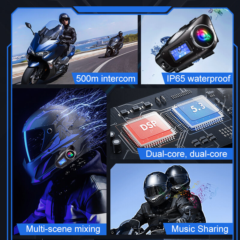 Q58 impermeável fone de ouvido sem fio motocicleta, capacete interfone, Bluetooth 5.3 auscultadores, partilha de música
