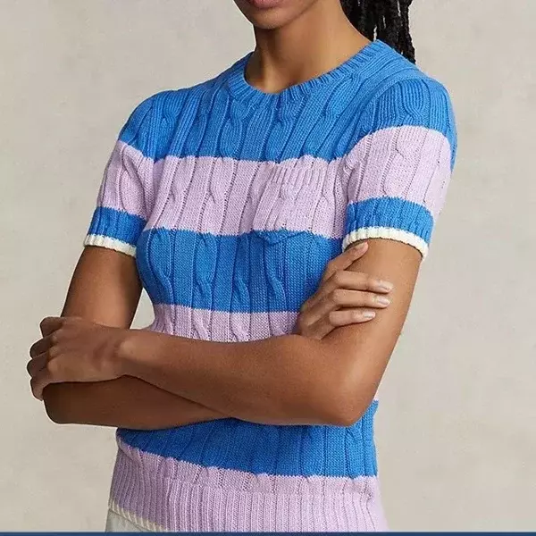 2024 RL 100% Cotton Knit Summer Pony Knit Cardigan Shirt Slim Short Sleeve Women's Sweater Thin Sun Protection Shirt Knit Top