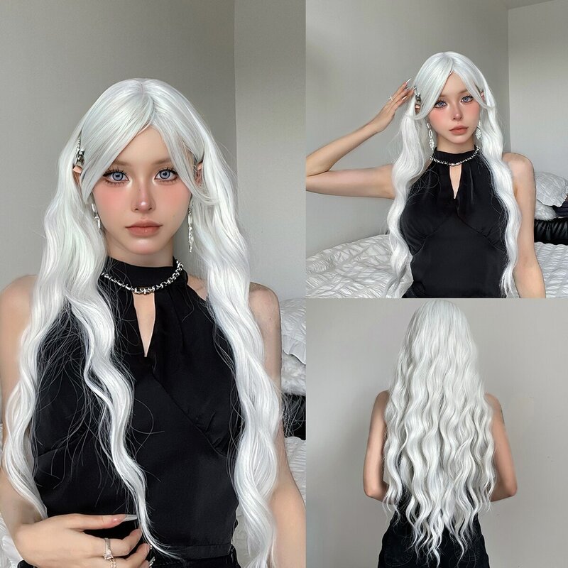 Long Water Wave Wig with Bangs White Colorful Cosplay Silky Wig for Women Daily Party Natural Soft Synthetic Hair Heat Resistant