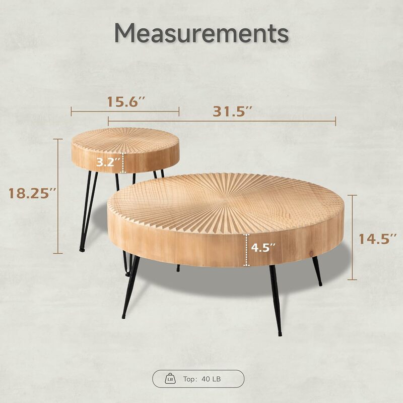 Ensemble de table basse de salon de ferme moderne, table gigogue ronde, finition naturelle, motif radial en bois décroissant les mains, 2 pièces