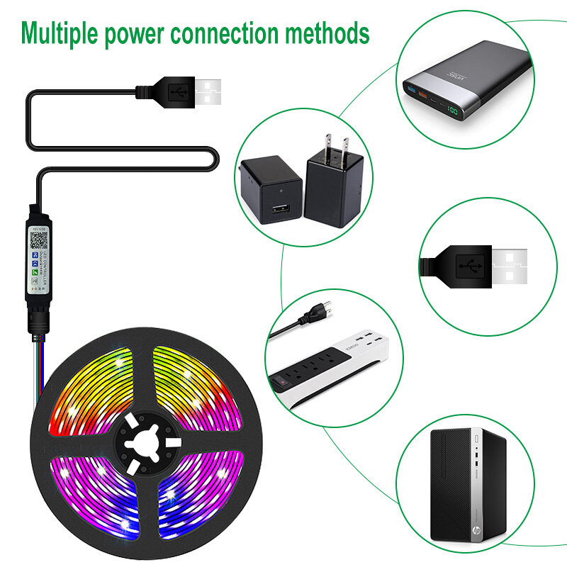 TVバックライト用Bluetooth付きUSB LEDストリップライト,柔軟なダイオードリボン,30m,5050 rgb,ws2812b