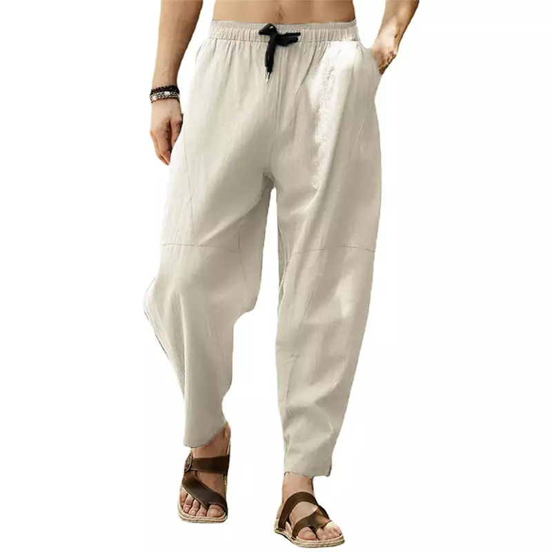 Pantalones de algodón hasta el tobillo para hombre, pantalón informal, Hip Hop, Color sólido, suelto, cintura elástica, cordón, Harem, L-5XL