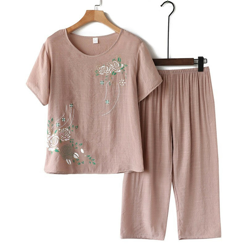 중년 및 노년 여성 여름 반팔 꽃무늬 프린트 루즈한 코튼 린넨 티셔츠, 와이드 레그 팬츠 2 개 세트, 어머니 세트