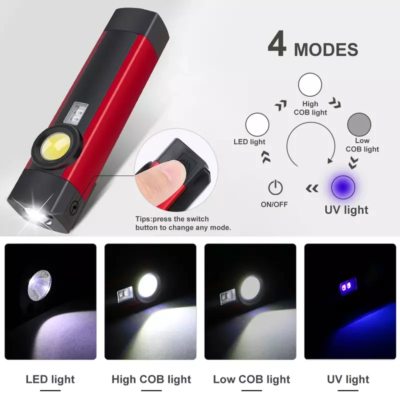Multifunction COB+LED Flashlight USB Rechargable Camping Torch UV Black Light Magnetic Repair Lantern 4 Mode Work Lamp with Clip