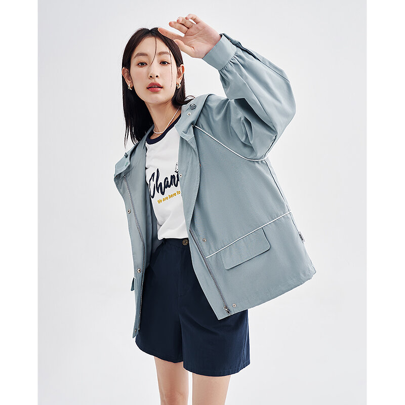 Toyouth feminino blusão 2023 primavera manga comprida solto casaco com capuz com zíper azul-cinza casual chique jaqueta topos
