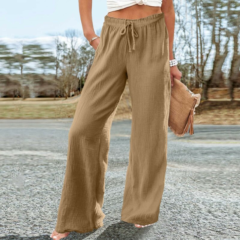 Celana panjang longgar wanita, bawahan serut pinggang tinggi elastis kasual kaki lebar, serbaguna musim panas untuk perempuan